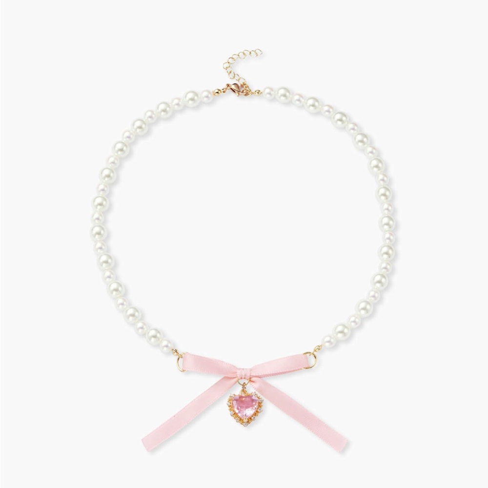 Cider Pearl Necklace with Pink Ribbon and Heart Pendant